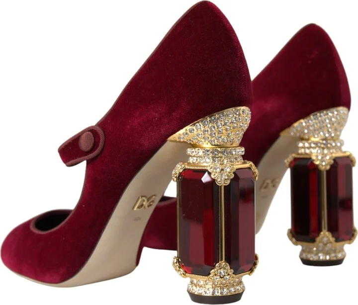 Red Velvet Gold Crystals Heels Mary Jane Women's Shoes - Image 4