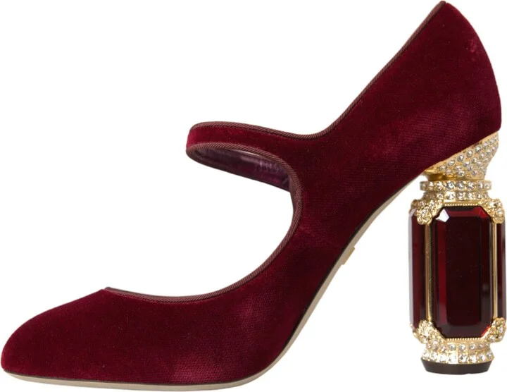 Red Velvet Gold Crystals Heels Mary Jane Women's Shoes - Image 5