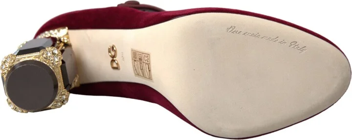 Red Velvet Gold Crystals Heels Mary Jane Women's Shoes - Image 6