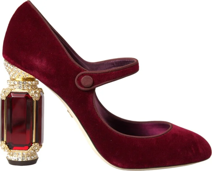 Red Velvet Gold Crystals Heels Mary Jane Women's Shoes