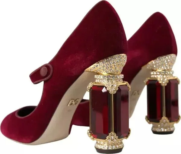 Red Velvet Gold Crystals Heels Mary Janes Women's Shoes (Pre-Owned) - Image 2