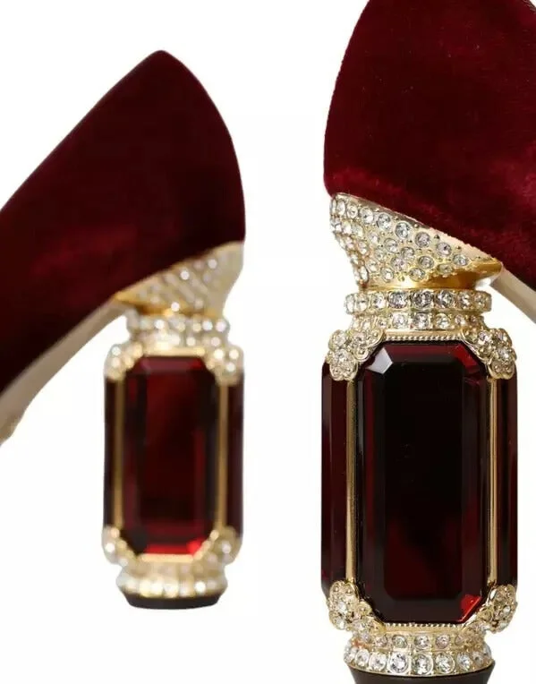 Red Velvet Gold Crystals Heels Mary Janes Women's Shoes (Pre-Owned) - Image 4