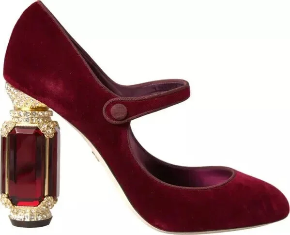 Red Velvet Gold Crystals Heels Mary Janes Women's Shoes (Pre-Owned)