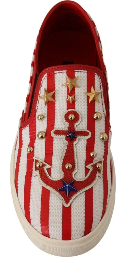 Red White Anchor Studded Loafers Women's Shoes - Image 4