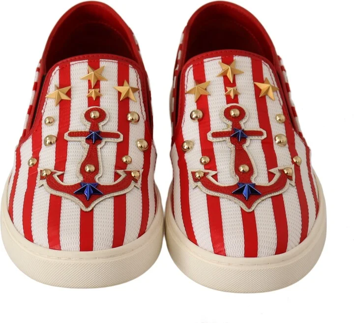 Red White Anchor Studded Loafers Women's Shoes - Image 5