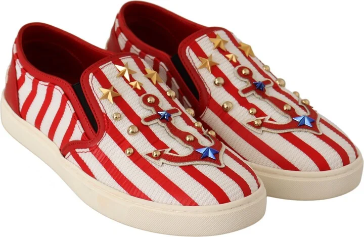 Red White Anchor Studded Loafers Women's Shoes - Image 6