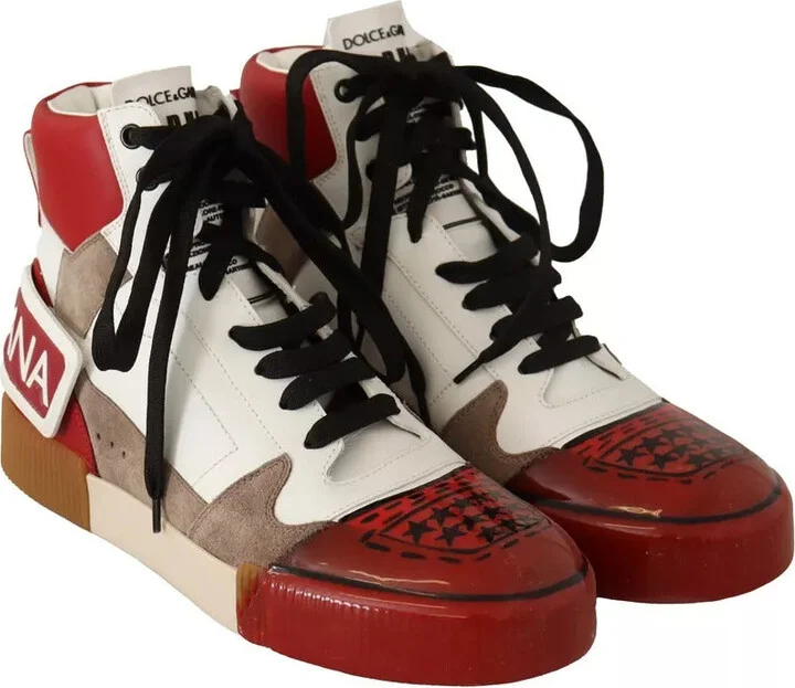 Red White Beige Leather High Tops Sneakers Men's Shoes (Pre-Owned) - Image 2