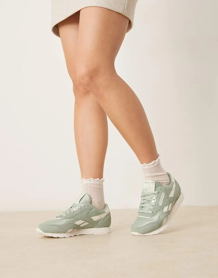 Reebok classic nylon sneakers in sage green and white detail
