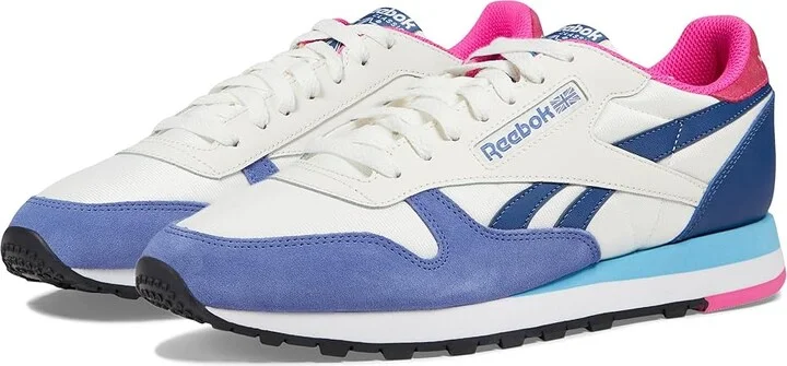 Reebok Lifestyle Classic Leather Shoes Chalk/Blue/Laser Pink : Men's 10 - Women's 11.5 Medium, Synthetic/Suede/Leather