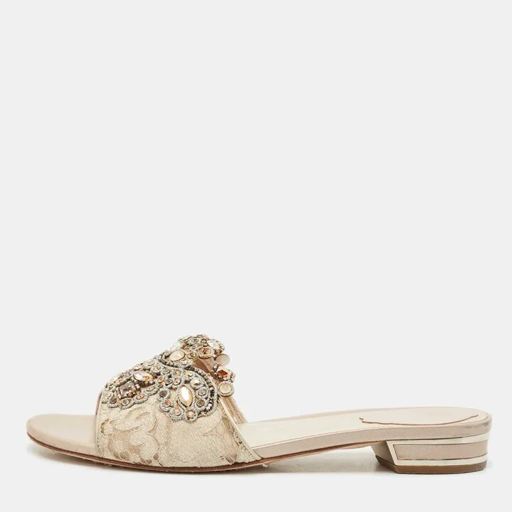 René Caovilla Beige Lace Crystals Embellished Flat Slides Size 39