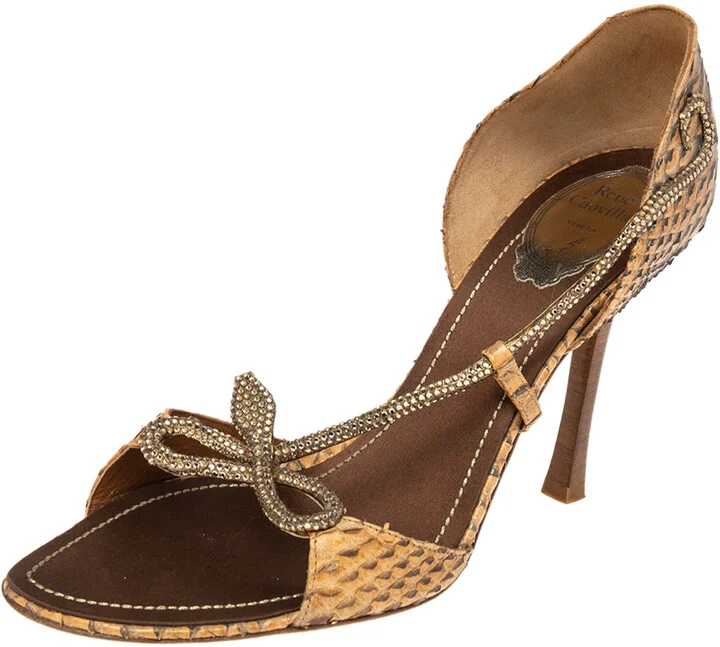 René Caovilla Beige Python Leather Crystal Embellished Sandals Size 40.5