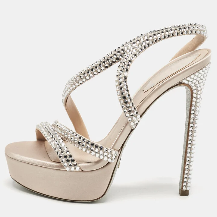 René Caovilla Beige Satin Lisa Crystals Platform Sandals Size 37