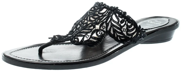 Rene Caovilla Black Crystal Embellished Lace And Leather Flat Thong Sandals Size 39