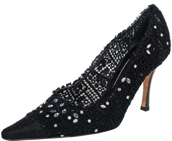 René Caovilla Black Lace And Canvas Crystal Embellished Pumps Size 40