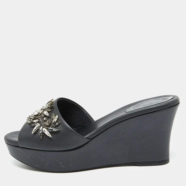René Caovilla Black Leather Crystal Embellished Platform Wedge Sandals Size 36