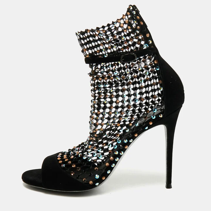 René Caovilla Black Mesh and Suede Ankle Length Galaxia Boots Size 38