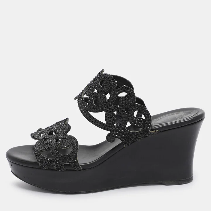 René Caovilla Black Rhinestone Embellished Suede Wedge Sandal Size 37
