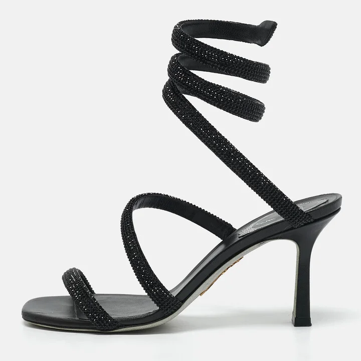 René Caovilla Black Satin Crystal Embellished Cleo Sandals Size 37