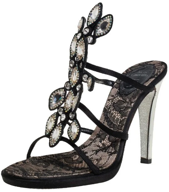 René Caovilla Black Satin Crystal Embellished Sandals Size 39
