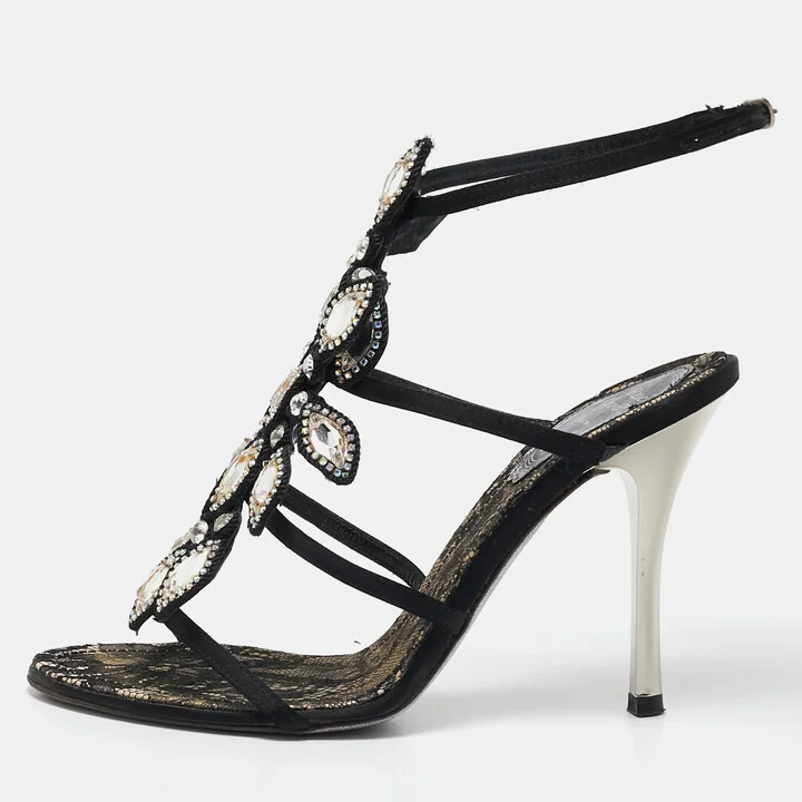 René Caovilla Black Satin Crystals Embellished T-Strap Sandals Size 37