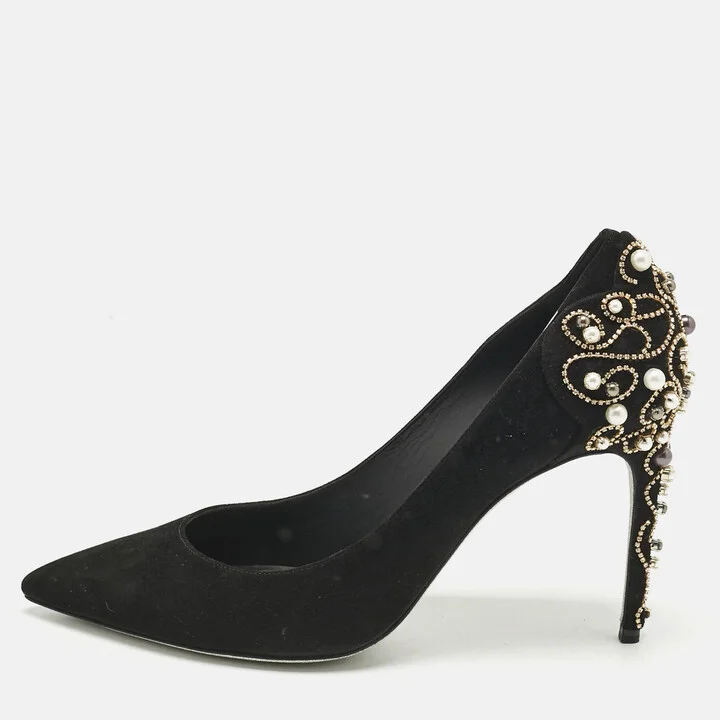 René Caovilla Black Suede Crystal and Pearls Embellished Pumps Size 40