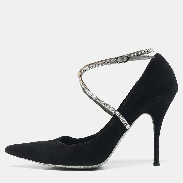 René Caovilla Black Suede Crystal Embellished Ankle Wrap Pumps Size 38.5
