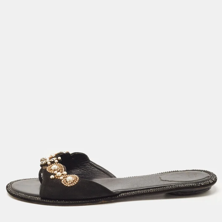 Rene Caovilla Black Suede Crystal Embellished Flat Slides Size 40