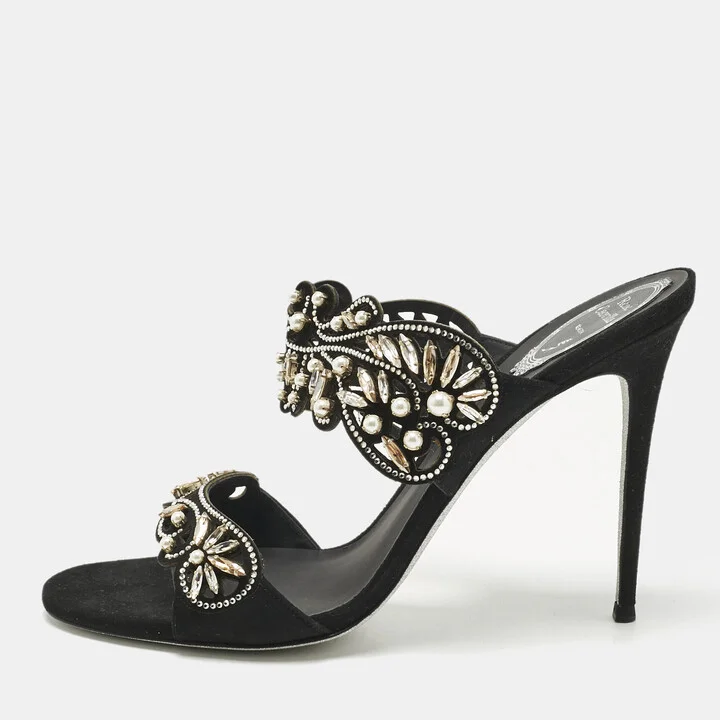 René Caovilla Black Suede Crystal Embellished Slide Sandals Size 41