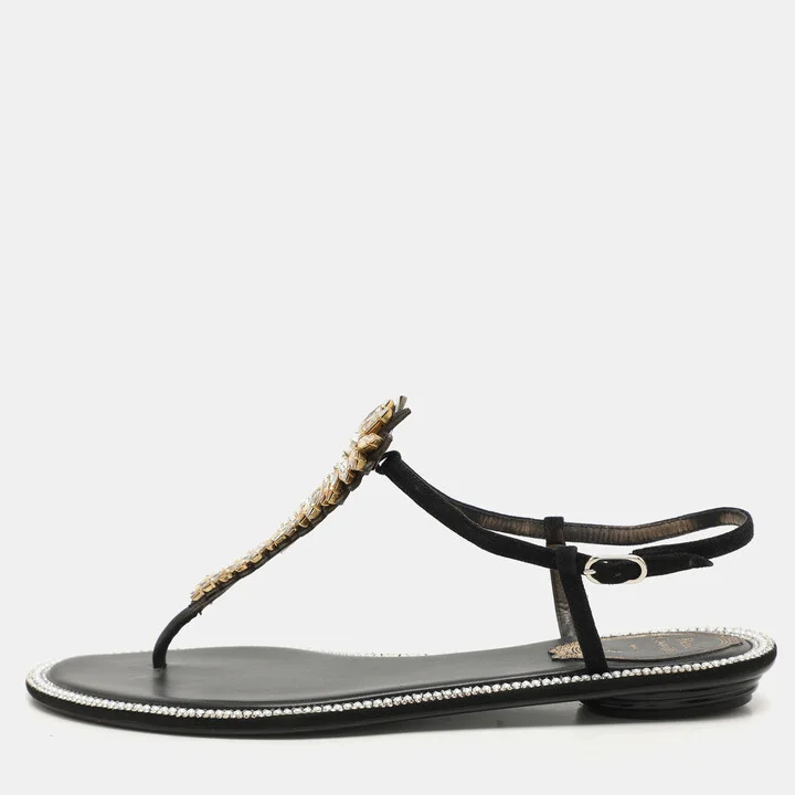 René Caovilla Black Suede Crystal Embellished Thong Sandals Size 37