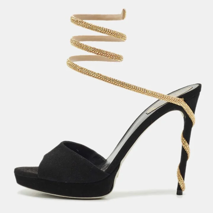 René Caovilla Black Suede Margot Platform Sandals Size 41