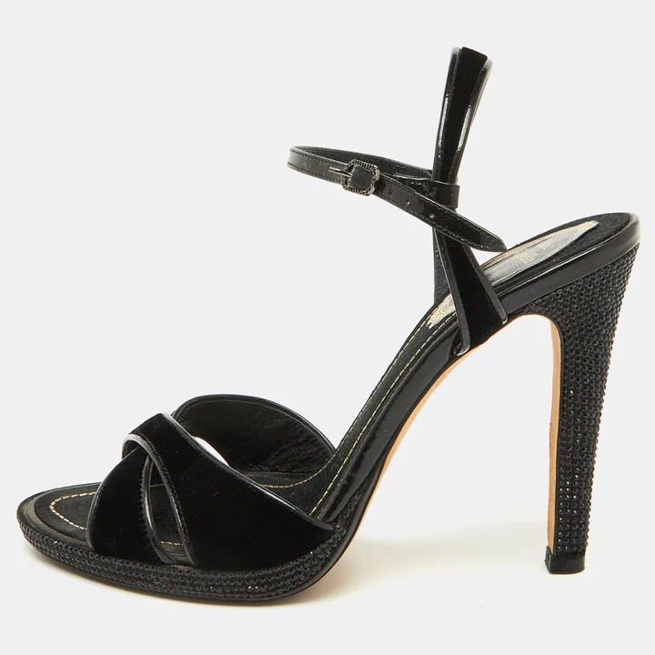René Caovilla Black Velvet and Patent Leather Ankle Strap Sandals Size 37