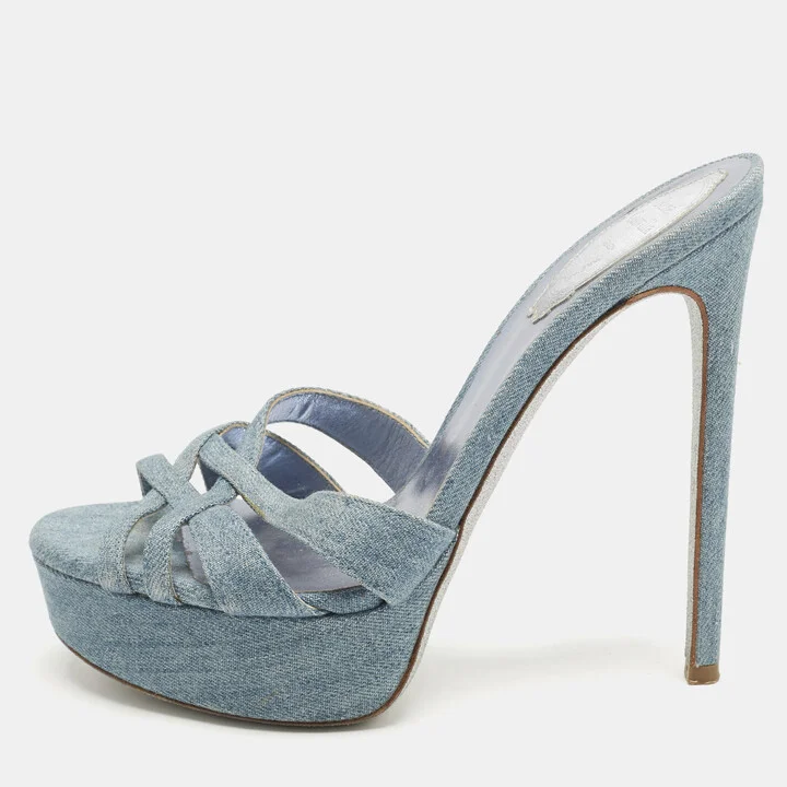 René Caovilla Blue Denim Strappy Platform Slide Sandals Size 37