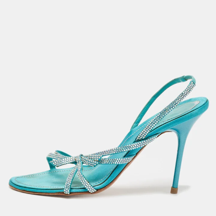 René Caovilla Blue Satin Crystal Embellished Slingback Sandals Size 38.5