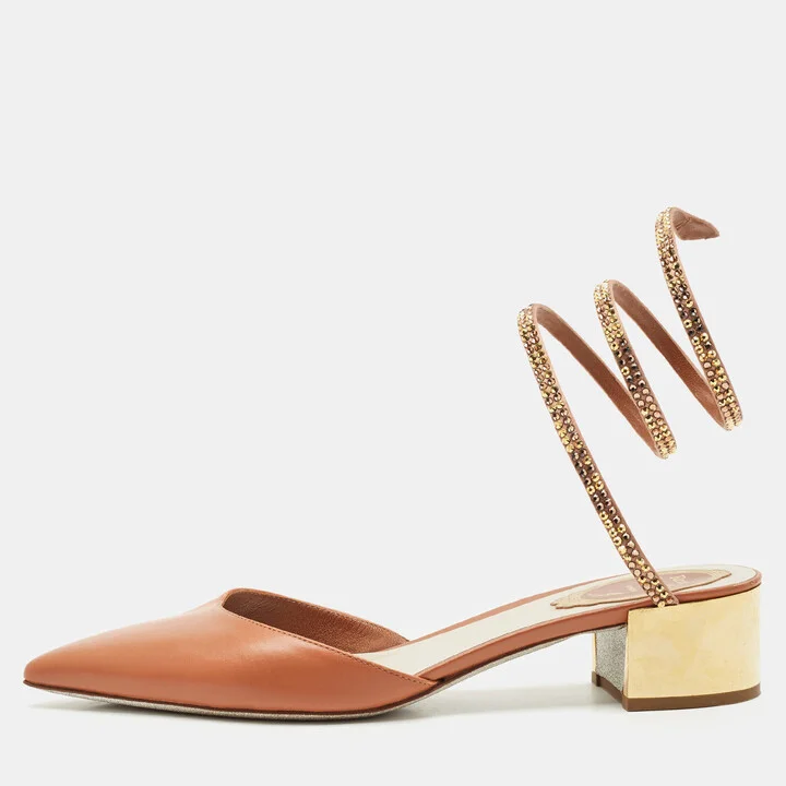 René Caovilla Brown Leather Crystal Embellished Ankle Wrap Pumps Size 37