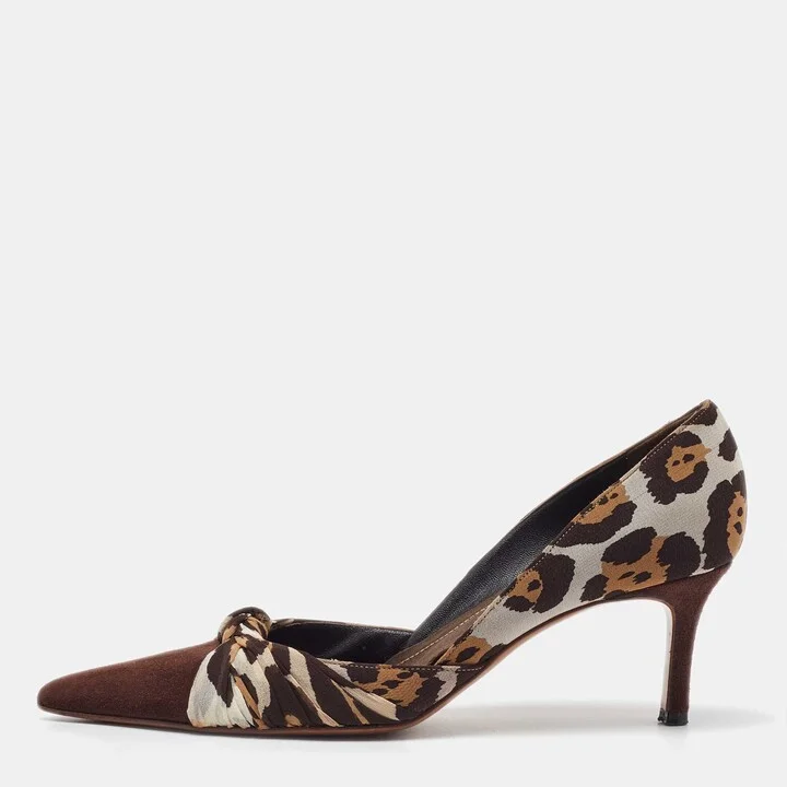 René Caovilla Brown Leopard Print Fabric and Suede Knotted Pointed Toe Pumps Size 38