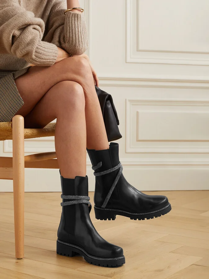 René Caovilla - Cleo Crystal-embellished Leather Chelsea Boots - Black - Image 2