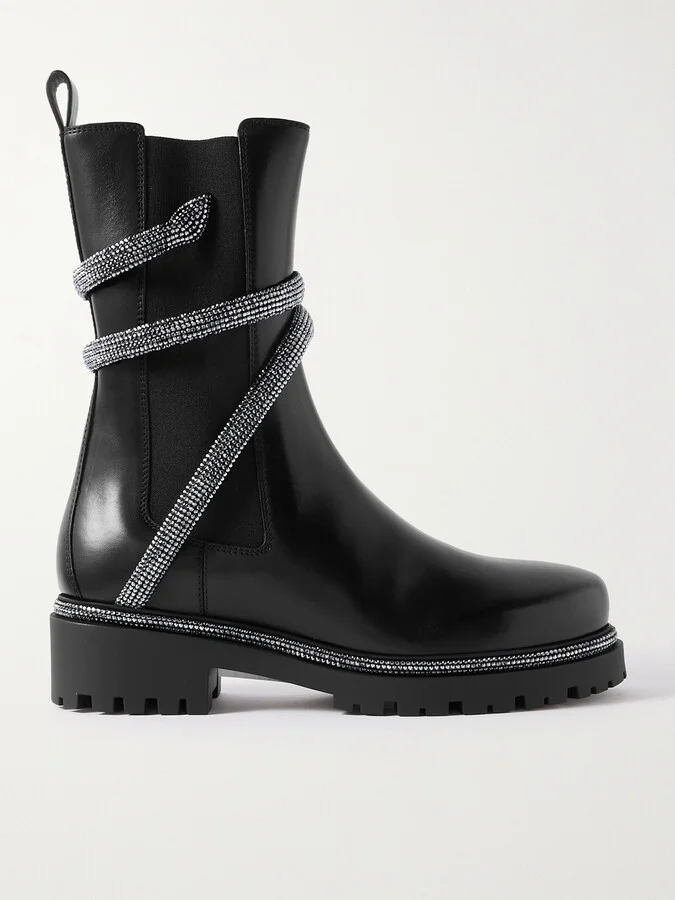 René Caovilla - Cleo Crystal-embellished Leather Chelsea Boots - Black