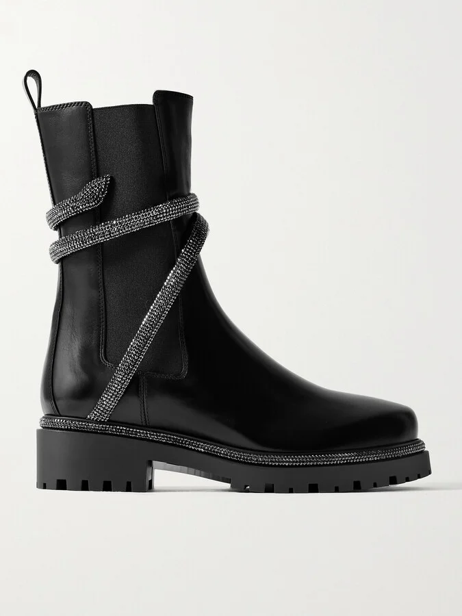 René Caovilla - Cleo Crystal-embellished Leather Chelsea Boots - Black
