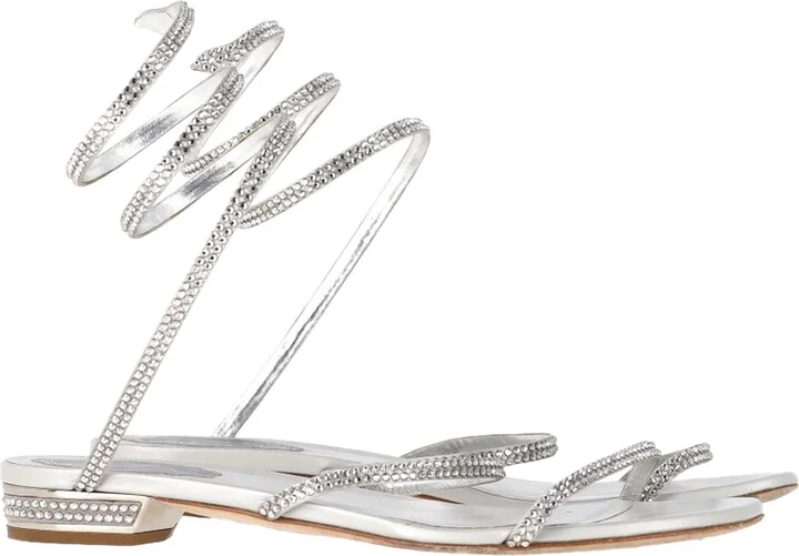 Rene Caovilla Cleo Flat Spiral Sandals in Silver Leather
