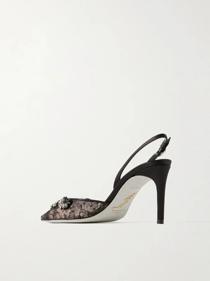 René Caovilla - Crystal-embellished Lace And Satin Slingback Pumps - Black - Image 3