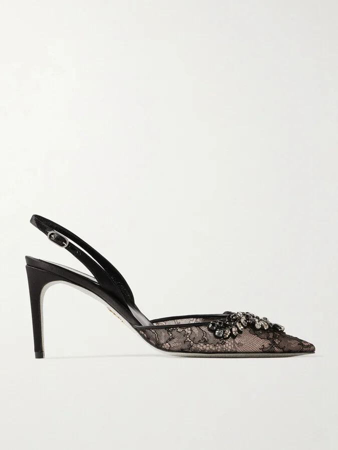René Caovilla - Crystal-embellished Lace And Satin Slingback Pumps - Black