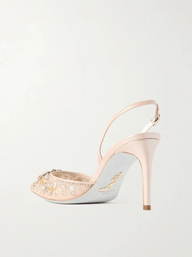 René Caovilla - Crystal-embellished Leather And Tulle Slingback Pumps - Neutrals - Image 3