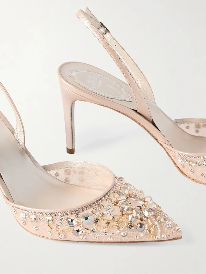 René Caovilla - Crystal-embellished Leather And Tulle Slingback Pumps - Neutrals - Image 4