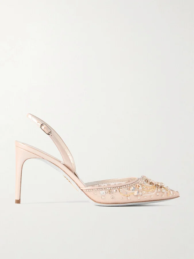 René Caovilla - Crystal-embellished Leather And Tulle Slingback Pumps - Neutrals