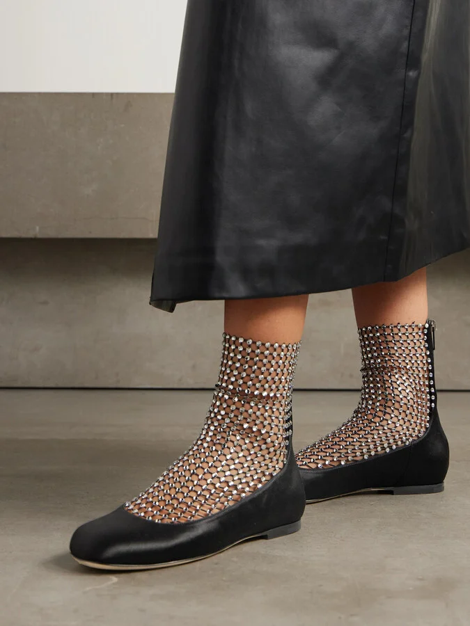 René Caovilla - Crystal-embellished Mesh-paneled Satin Ballet Flats - Black - Image 2