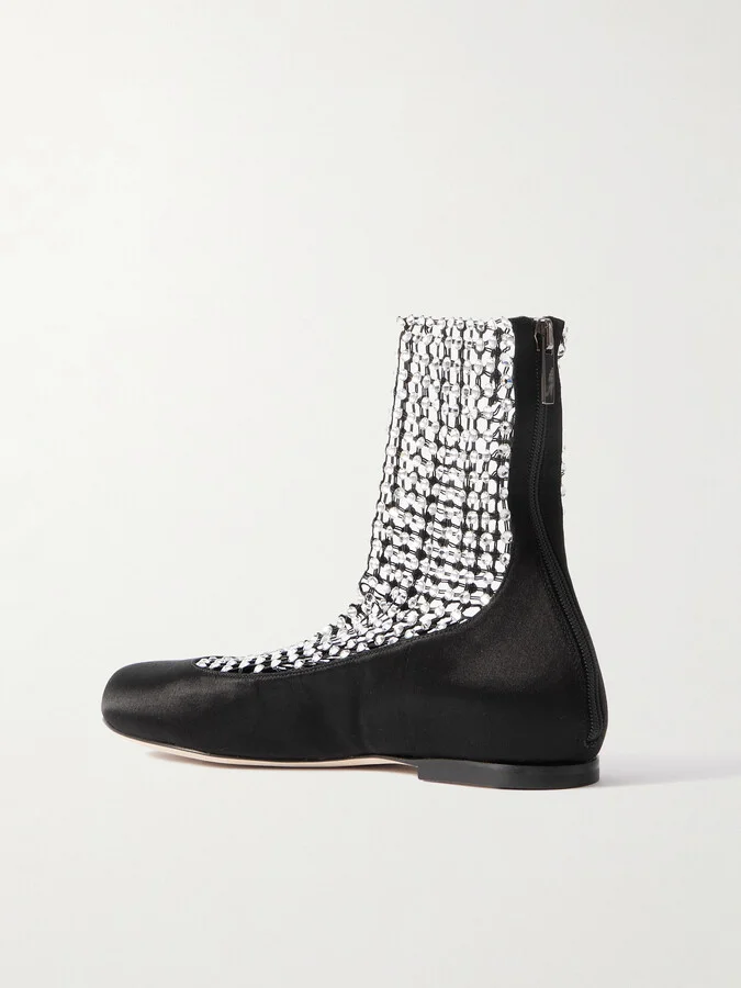 René Caovilla - Crystal-embellished Mesh-paneled Satin Ballet Flats - Black - Image 3