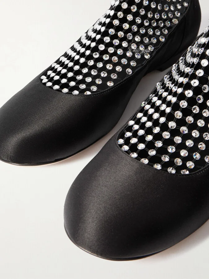 René Caovilla - Crystal-embellished Mesh-paneled Satin Ballet Flats - Black - Image 4