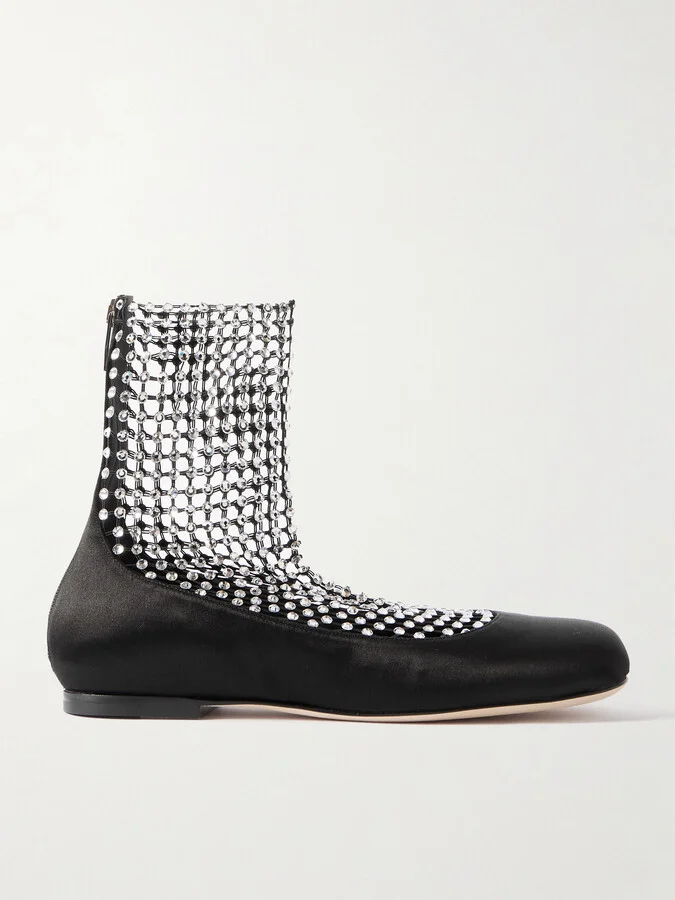 René Caovilla - Crystal-embellished Mesh-paneled Satin Ballet Flats - Black