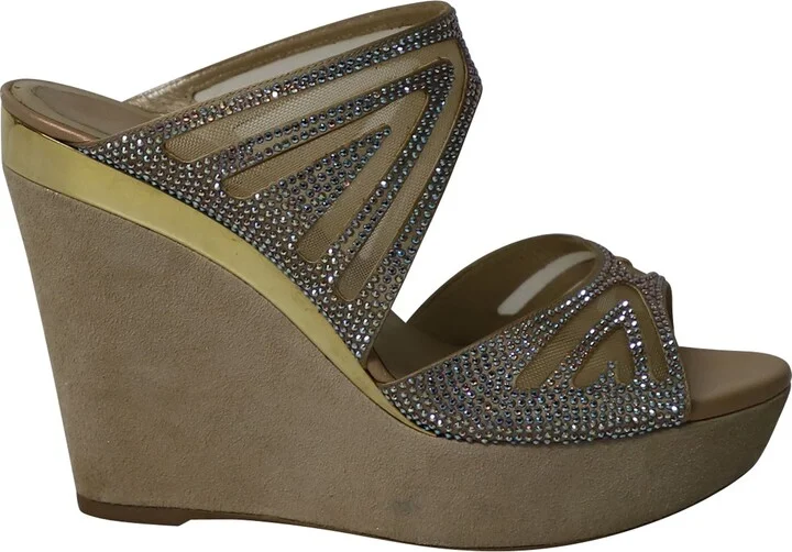 Rene Caovilla Crystal Embellished Two Band Wedge in Multicolor Suede