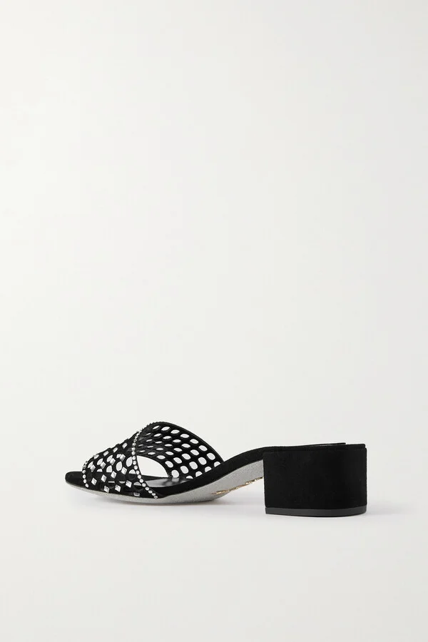 René Caovilla - Cutout Crystal-embellished Suede Mules - Black - Image 3